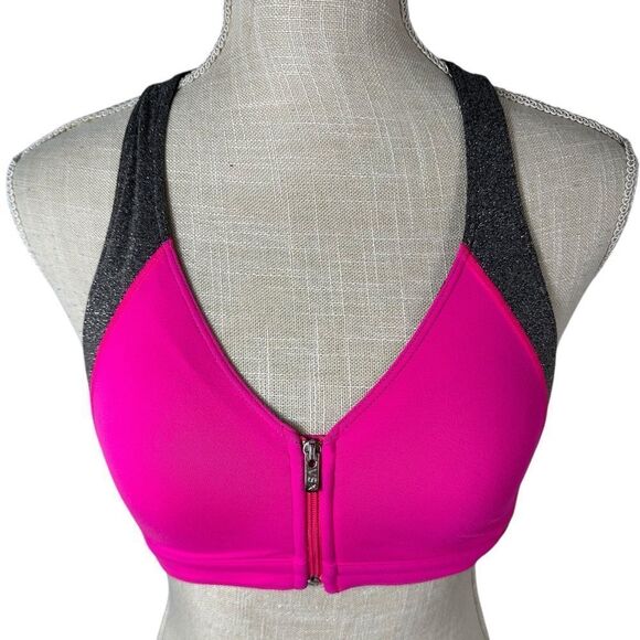 VSX Sport Hot Pink & Silver Glitter Zipper Front Lightly Lined Sports Bra - Picture 2 of 8